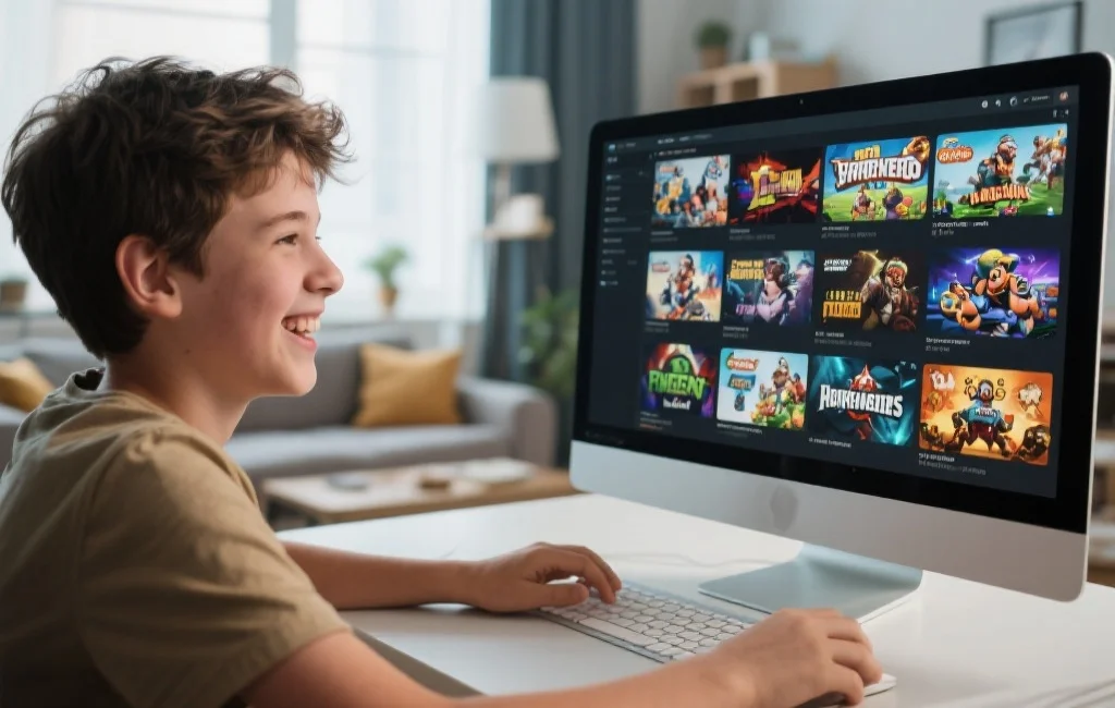 一个新手玩家正微笑着操作电脑，屏幕展示多款热门游戏的缩略图，背景为现代家庭环境