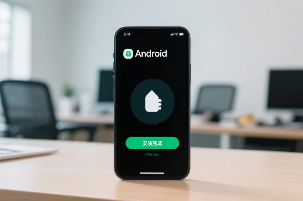 一部安卓手机正在安装应用程序，屏幕提示“安装完成”，背景为办公桌面