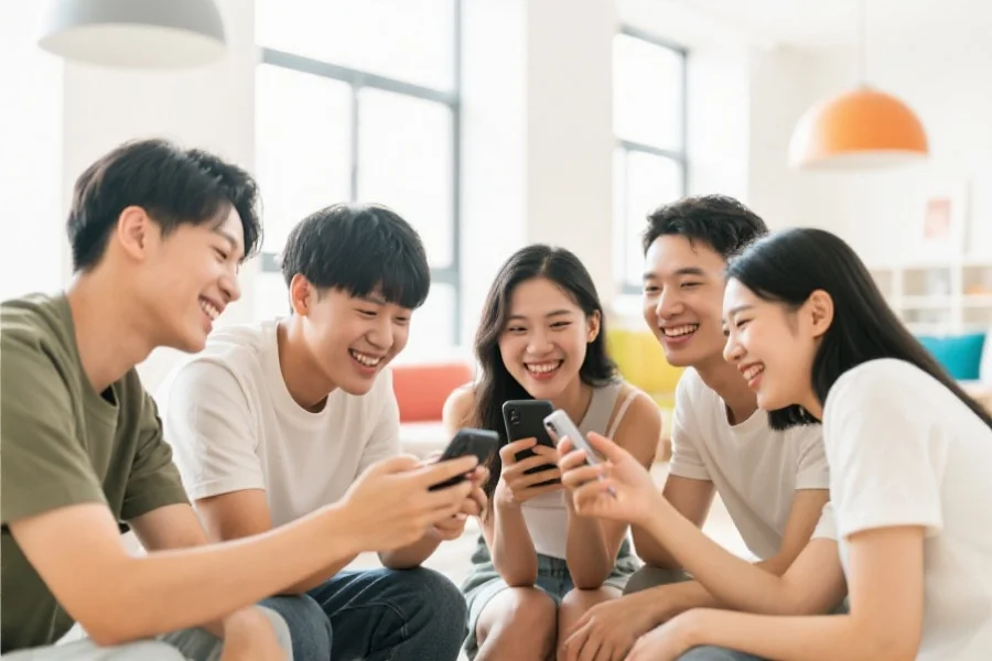 一群年轻人在明亮的休闲空间中一起用手机互动，气氛轻松愉快