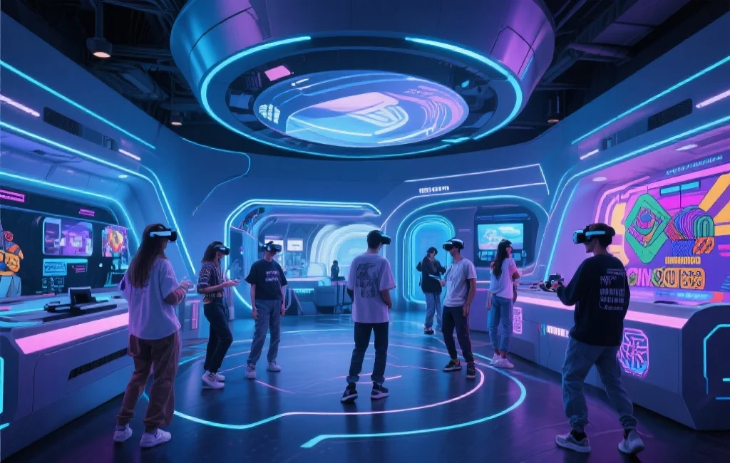 未来感十足的互动娱乐空间，融合虚拟现实和多元文化元素，年轻人在其中畅享体验